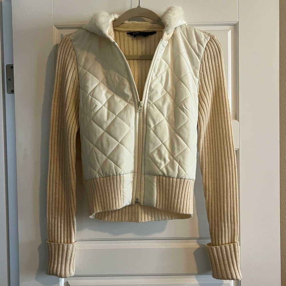 BCBGMaxAzria Cream Quilted Sweater Jacket with Fur Trim Size S